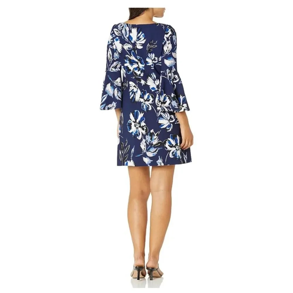 NWT Eliza J Womens Bell Sleeve Shirt Dress Navy Floral Print Size 6